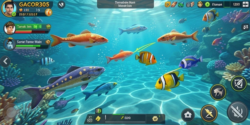 Tampilan gameplay seru GACOR305 dengan aksi menembak ikan.