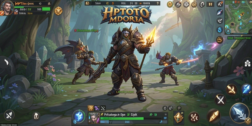 Screenshot gameplay HPTOTO menunjukkan pertempuran yang seru dan dunia yang berwarna.