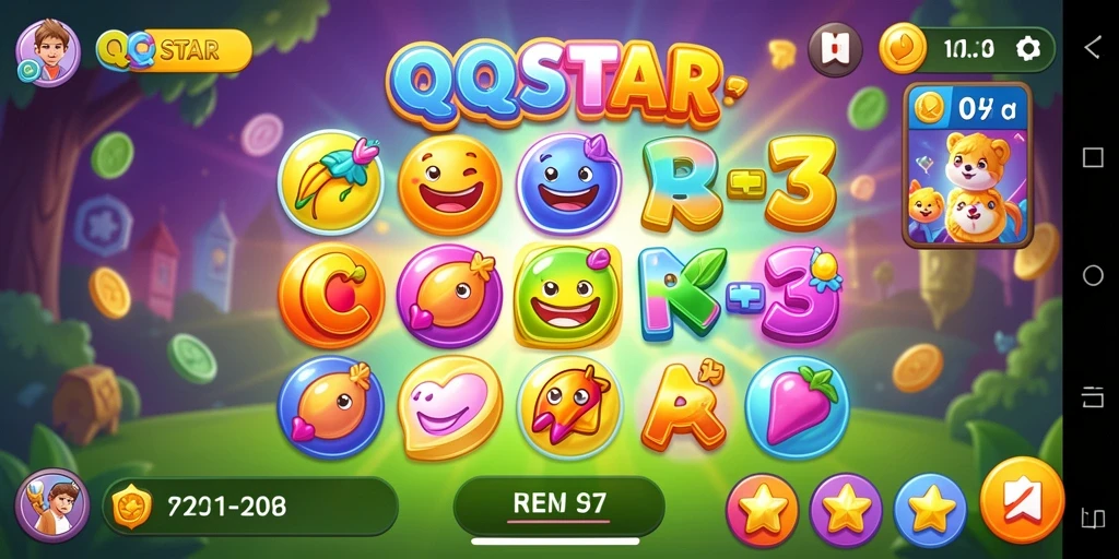 Screenshot gameplay QQSTAR dengan pertempuran gem match-3 yang seru.