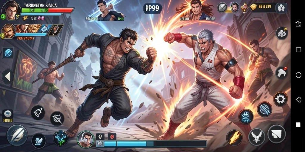 Tampilan seru gameplay RP99 dengan karakter bertarung di arena.
