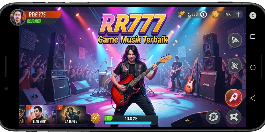 Tampilan gameplay RR777 yang interaktif saat mendengarkan musik.